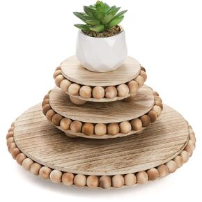 Peohud Set of 3 Wood Risers for Display, Farmhouse Wooden Pedestal Stand, Rustic Stool Plant Pot Holder, Beaded Display Riser for Tiered Tray Home Kitchen Counter Table Decor, 9.5/6/4 Inches