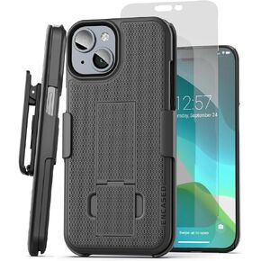 Encased DuraClip Designed for iPhone 15 Case with Belt Clip Phone Holster and Tempered Glass Screen Protector (Matte Black)