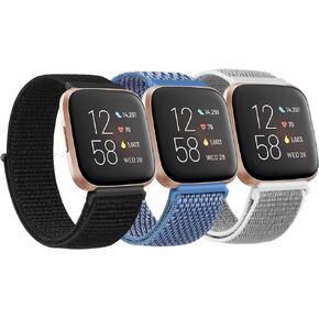 3 Pack Nylon Bands Compatible with Fitbit Versa 2 / Fitbit Versa/Versa Lite/Versa SE, Soft Breathable Sport Replacement Wristbands for Fitbit Versa Smart Watch (Black Sand/Pink Sand/Seashell)