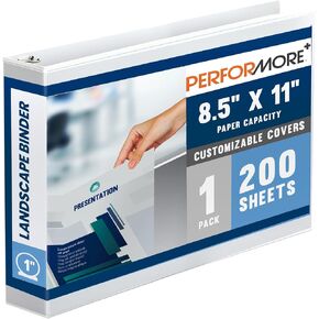 Performore - 8.5" X 11" Landscape View Binder, 3-Ring Binder 1" Capacity Round Ring, White Horizontal Formatted Binder with Clear Cover Pockets, Perfect for Documents, Projects and More