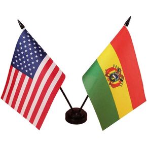 America & Bolivia Friendship Twin Desk Flag, US Bolivia Table Flags, 8 x 5 Inches American & bolivians Deluxe Desk Flag Set - Miniature USA & Bolivia Stick Flag with Flag Stand