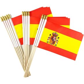 Spain Stick Flag Spainish Small Mini Hand Held Flags - Solid Wooden Pole & Spear Top (12 Pack, 5x8 Inches)