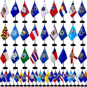 US 50 State Desk Flags Set Small Mini Office Table Stick Flag with Stand Base for Classroom Decorations,5x8 Inch