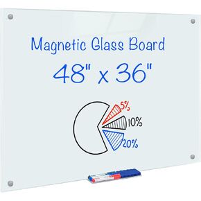 Glass Whiteboard 48"x36", 4‘x3’ Glass Dry Erase Board 4x3 Whiteboard Glass Frameless, Large Magnetic Glass White Board for Office School