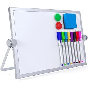 Dry Erase White Board, 16X12in Large Magnetic Desktop Whiteboard with Stand, 8 Markers, 4 Magnets, 1 Eraser, Portable Double-Sided White Board Easel for Kids Memo to Do List Desk School