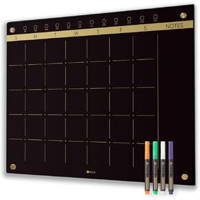 Black Glass Golden Monthly Dry Erase Calendar Whiteboard for Wall, 17" x 23", Frameless Large Planner White Board for Home Kitchen Office, 4 Wet Erase Markers Included, Yeoux in Kuwait