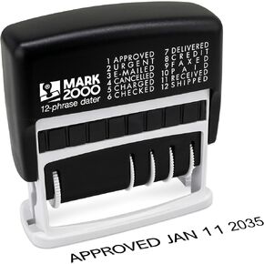 12-Phrase Dater - Self-Inking Stamp - Blue Ink, Red Date
