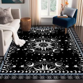 5' X 7' Sun and Moon Rug Boho Celestial Area Rugs for Bedroom Dorm Living Room Bohemian Occult Crescent Solar Stars Galaxy Floor Mat Pad Doormat Carpet,150 X 210cm,Black