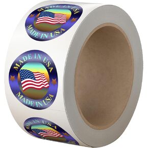 "Made in USA" Hologram Flag Labels 1-Inch Round American Flag Stickers, 2 Colors (Blue and Red) Glossy Silver Metalized, 500 PCS Per Roll US Flag Sticker for Product and Package Labeling (1 Roll)