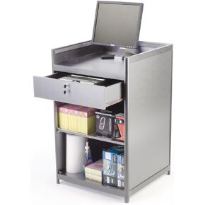 Silver Laminate Cash Register Stand with Locking Drawer and Adjustable Storage Shelf, 24 x 38 x 23-3/4-Inch