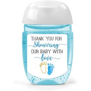 Hand Sanitizer Labels Thank You for Showering Our Little One with Love Stickers, Baby Shower Favor Party Favors Boy., Blue,1.26inches x 1.39inches
