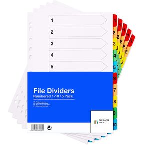 [5 Pack] Binder Dividers with Tabs A4 1-10 Numbered | Dividers for 3 Ring Binder | for Organization Pages in 3 Ring Binder Dividers with tabs, Each Set Includes Tab Dividers - The Paper Shop