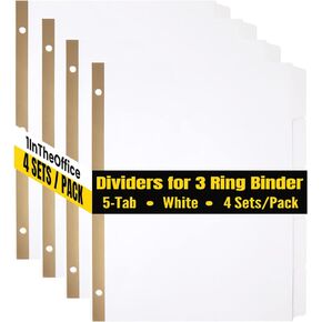 1InTheOffice Dividers for 3 Ring Binder, Paper Dividers with Tabs, 5-Tab, White, 4 Sets/Pack
