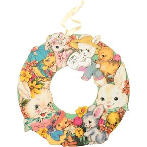 Primitives by Kathy - Happy Easter Wreath, Vintage Inspired Wooden Decorative Wreath with Retro Bunny, Lamb, Duckling, and Flower Illustrations