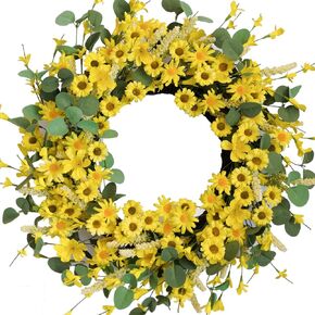 20" Artificial Spring Wreaths, White and Blue Daisy Eucalyptus Leaf Wreaths, Fit to Decorate Front Door Windows