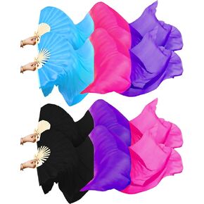 Qunclay 2 Pairs 1.8 Meter/ 5.91 ft Artificial Silk Belly Dance Bamboo Fans Veils National Dance Artificial Silk Veil Fans Long Folding Imitated Silk Fans for Dancing