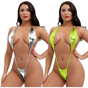 Silver+Fluorescent Green 2 Piece Sexy Extreme Micro One Piece Swimwear for Women PU Backless Slingshot Swimsuit Micro Bikini Teddy Lingerie Slutty Swimsuit Set