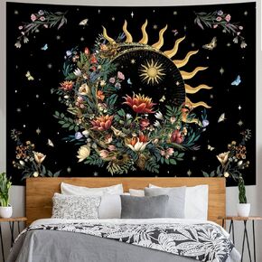 Racunbula Floral Plants Tapestry Sun and Moon Tapestry Retro Botanical Flowers Butterfly Tapestry Black Starry Sky Wall Tapestry Vintage Boho Aesthetic Tapestry Wall Hanging for Bedroom