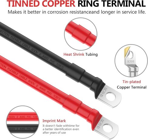 VOLTWORKS 2 AWG Gauge Red + Black Pure Copper Battery Inverter Cables Solar, RV, Car, Boat 4ft 3/8 in Lugs in Saudi Arabia
