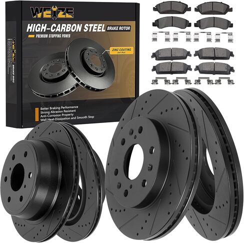 WEIZE Front Rear Truck & Tow Brake Kit, Premium HIGH CARBON Steel Brake Disc Rotors + Carbon Fiber Ceramic Brake Pads, Replacement for Chevy Silverado 1500 2014-2018 in Saudi Arabia