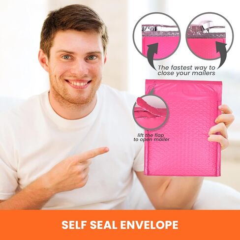 حزمة بريدية فقاعية ذاتية الغلق متميزة مكونة من 25 قطعة من أكياس بريد بولي صغيرة 4 × 8 وأكياس تغليف للشركات الصغيرة، مظاريف بريدية مبطنة مقاومة للماء للشحن، أكياس مبطنة بالفقاعات الوردية in Kuwait