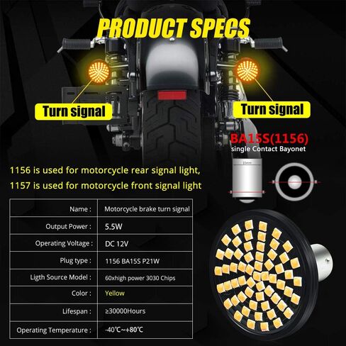 HONLEEX 2 "مصباح إشارة الانعطاف الخلفي Amber 1156 LED، 60 شريحة LED 7506 BA15 H arley B ullet LED لمبة H arley D avidson، R oad Glide، R oad King.2-Pack. in Saudi Arabia