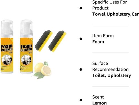 Dry Cleaning Ahent Multipurpose Foam Cleaner Spray,Lemon Flavor Multi-Purpose Foam Cleaner, Foam Cleaner for Car, Powerful Decontamination Set for Car and Home Kitchen (2pcs*100ML) + 2 Sponges in Saudi Arabia