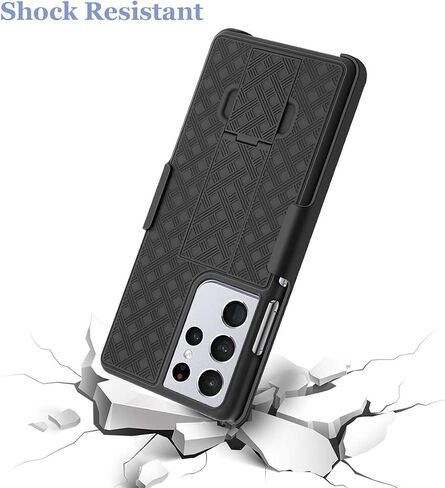 حافظة Fingic Galaxy S21 Ultra، حافظة Samsung Galaxy S21 Ultra بمشبك حزام، حافظة رفيعة مع مسند ومشبك حزام دوار، غطاء واقٍ متين لهاتف Samsung Galaxy S21 Ultra 6.8 بوصة- أسود in Kuwait