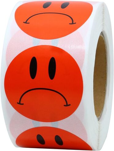 Hybsk Red Sad Face Frowned Unhappy Stickers 1.5" Round 500 Total Per Roll in Saudi Arabia