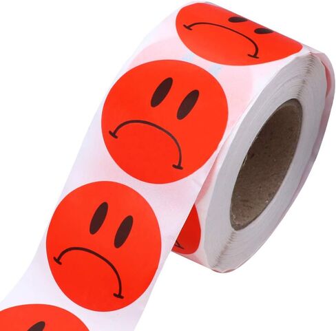 Hybsk Red Sad Face Frowned Unhappy Stickers 1.5" Round 500 Total Per Roll in Saudi Arabia