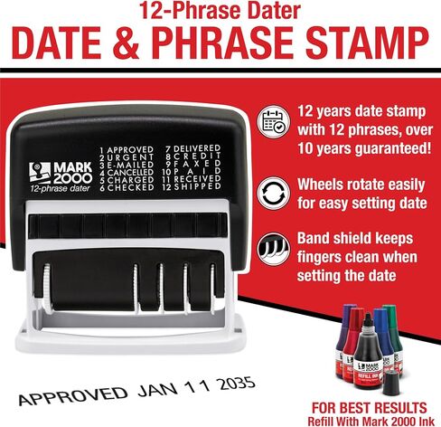 12-Phrase Dater - Self-Inking Stamp - Blue Ink, Red Date in Saudi Arabia
