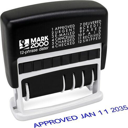 12-Phrase Dater - Self-Inking Stamp - Blue Ink, Red Date in Saudi Arabia