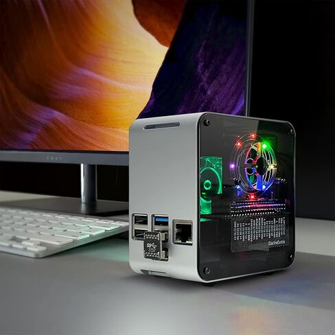 حافظة دعم ElectroCookie Raspberry Pi 4 SATA SSD، حافظة برجية صغيرة من الألومنيوم مع مروحة تبريد وإضاءة محيطة متغيرة الألوان (فضي وأسود) in Kuwait