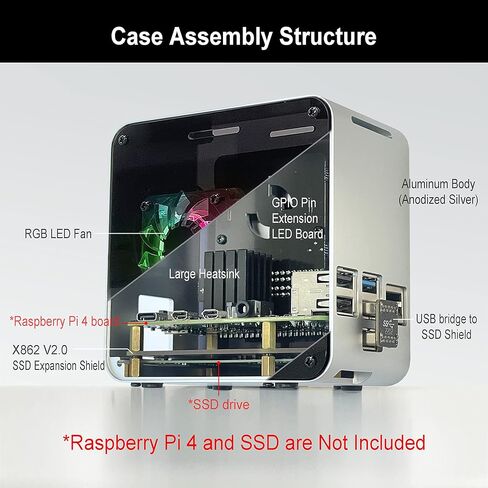 حافظة دعم ElectroCookie Raspberry Pi 4 SATA SSD، حافظة برجية صغيرة من الألومنيوم مع مروحة تبريد وإضاءة محيطة متغيرة الألوان (فضي وأسود) in Kuwait