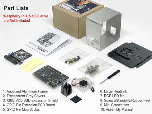 حافظة دعم ElectroCookie Raspberry Pi 4 SATA SSD، حافظة برجية صغيرة من الألومنيوم مع مروحة تبريد وإضاءة محيطة متغيرة الألوان (فضي وأسود) in Kuwait