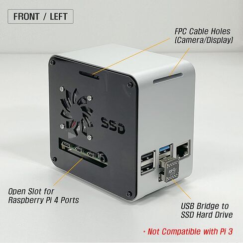 حافظة دعم ElectroCookie Raspberry Pi 4 SATA SSD، حافظة برجية صغيرة من الألومنيوم مع مروحة تبريد وإضاءة محيطة متغيرة الألوان (فضي وأسود) in Kuwait