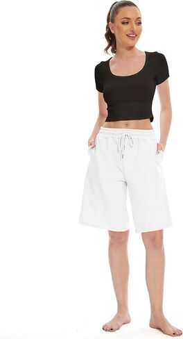Womens Knee Length Bermuda Shorts Loose Fit Summer Cotton Comfy Lounge Shorts Drawstring with Pockets in Saudi Arabia