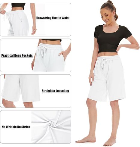 Womens Knee Length Bermuda Shorts Loose Fit Summer Cotton Comfy Lounge Shorts Drawstring with Pockets in Saudi Arabia