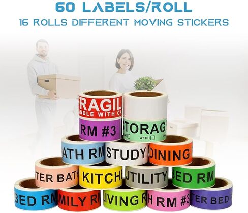 عدد 960 ملصقًا متحركًا للمنزل | 16 لفة من ملصقات ترميز الألوان المختلفة لصندوق التعبئة | تتضمن الملصقات المتحركة 1 لفة ملصقات فارغة يمكن تخصيصها باستخدام الملصقات المتحركة (60 ملصقًا/لفة) in Kuwait