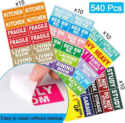 1.6" x 3.6" Large Removable Home Moving Box Labels - 540 Count Color-Coding House Packing Stickers - Include Fragile Blank Stickers, 4 Bedroom House Pack in Saudi Arabia