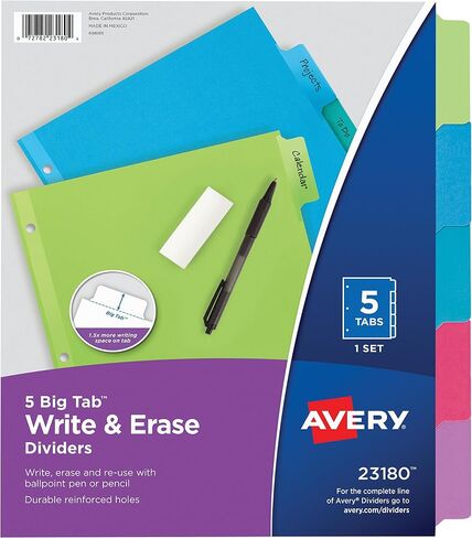 Avery Big Tab Write & Erase Dividers, 5 Multicolor Tabs, 1 Set (23180) in Saudi Arabia