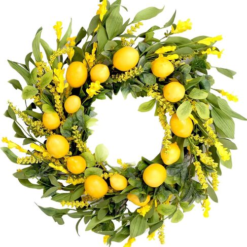 20 inch Artificial Lemon Wreath Spring Summer Fruit Wreath with Yellow Lemon and Artificial Green Leaves for Front Door, Window and Wall Hanging Decorations, Holiday Decorations in Saudi Arabia
