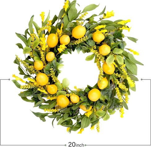 20 inch Artificial Lemon Wreath Spring Summer Fruit Wreath with Yellow Lemon and Artificial Green Leaves for Front Door, Window and Wall Hanging Decorations, Holiday Decorations in Saudi Arabia