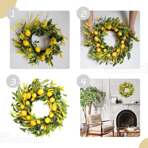 20 inch Artificial Lemon Wreath Spring Summer Fruit Wreath with Yellow Lemon and Artificial Green Leaves for Front Door, Window and Wall Hanging Decorations, Holiday Decorations in Saudi Arabia