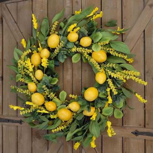 20 inch Artificial Lemon Wreath Spring Summer Fruit Wreath with Yellow Lemon and Artificial Green Leaves for Front Door, Window and Wall Hanging Decorations, Holiday Decorations in Saudi Arabia