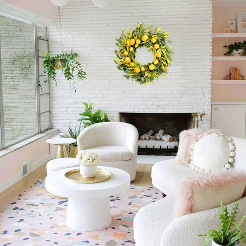 20 inch Artificial Lemon Wreath Spring Summer Fruit Wreath with Yellow Lemon and Artificial Green Leaves for Front Door, Window and Wall Hanging Decorations, Holiday Decorations in Saudi Arabia