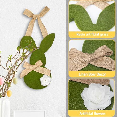 إكليل عيد الفصح، أكاليل أرنب عيد الفصح السعيدة لتزيين الباب الأمامي، زينة جدارية على شكل أرنب عيد الفصح الأخضر للتعليق في الأماكن المغلقة لديكور الربيع (15 بوصة) in Kuwait