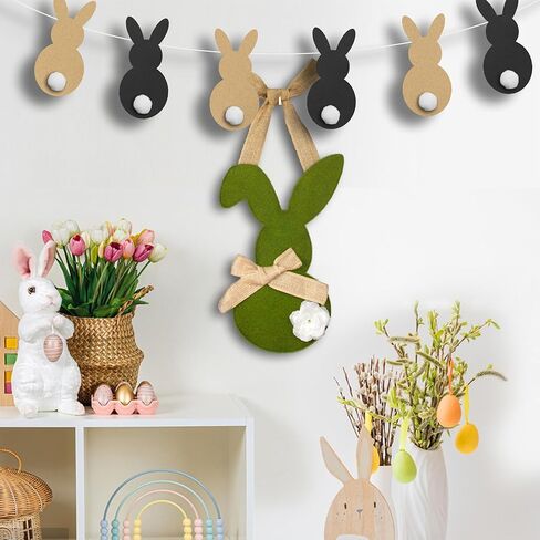 إكليل عيد الفصح، أكاليل أرنب عيد الفصح السعيدة لتزيين الباب الأمامي، زينة جدارية على شكل أرنب عيد الفصح الأخضر للتعليق في الأماكن المغلقة لديكور الربيع (15 بوصة) in Kuwait