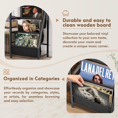 حامل مشغل الأسطوانات مع مساحة تخزين من الفينيل، طاولة مشغل الأسطوانات مع وحدة تخزين أسطوانات الفينيل تحمل 220 ألبومًا، حامل القرص الدوار مع حامل الأسطوانات رف عرض من الفينيل، خزانة مشغل الأسطوانات لغرفة المعيشة in Kuwait