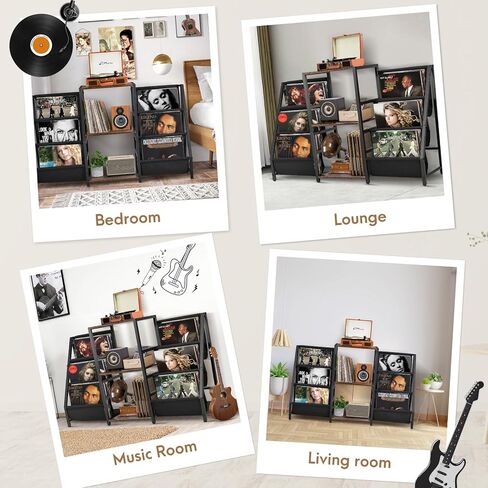 حامل مشغل الأسطوانات مع مساحة تخزين من الفينيل، طاولة مشغل الأسطوانات مع وحدة تخزين أسطوانات الفينيل تحمل 220 ألبومًا، حامل القرص الدوار مع حامل الأسطوانات رف عرض من الفينيل، خزانة مشغل الأسطوانات لغرفة المعيشة in Kuwait